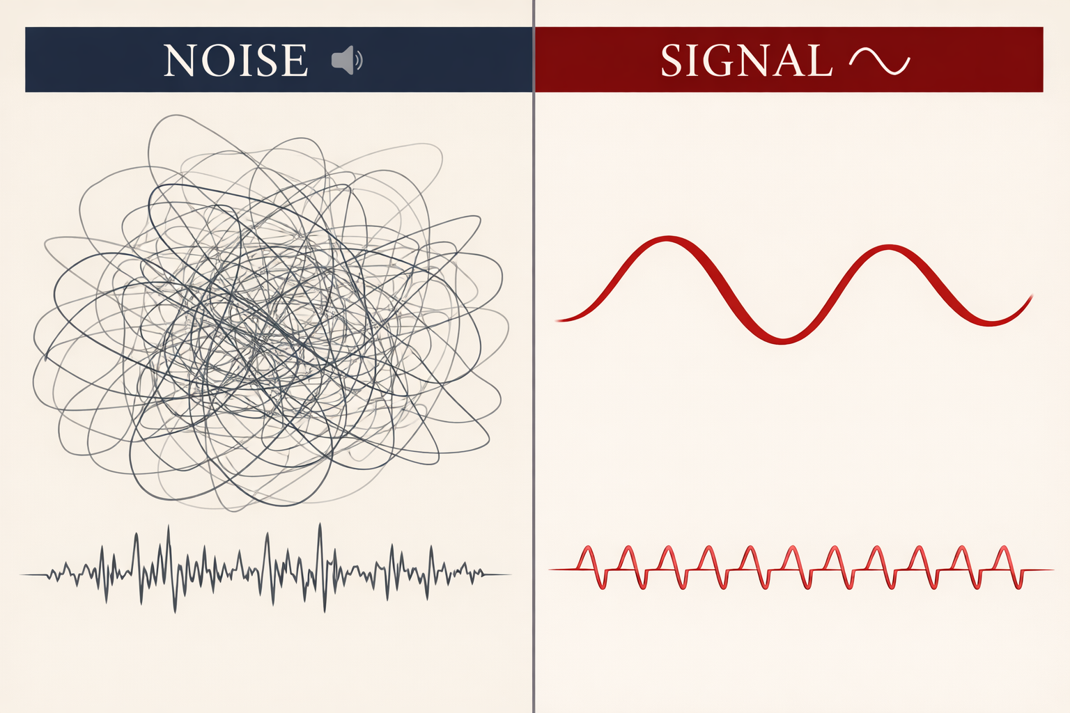 Noise vs. Signal concept graphic — chaotic noise on the left versus clean, clear signal on the right